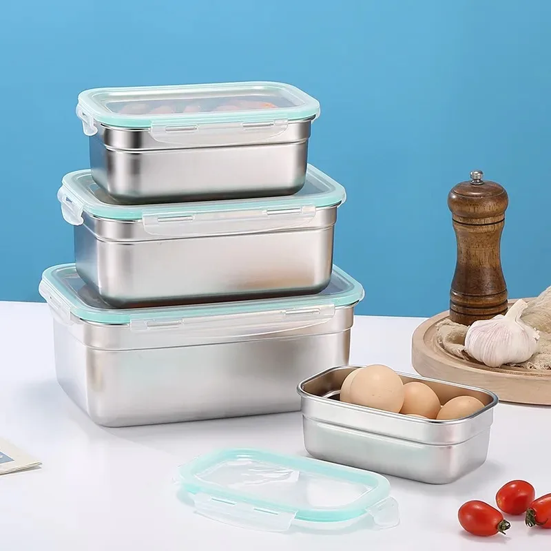 304 Stainless Steel Food Storage Container with PP Lid 1500ml Large Refrigerator Freshness Box Stackable