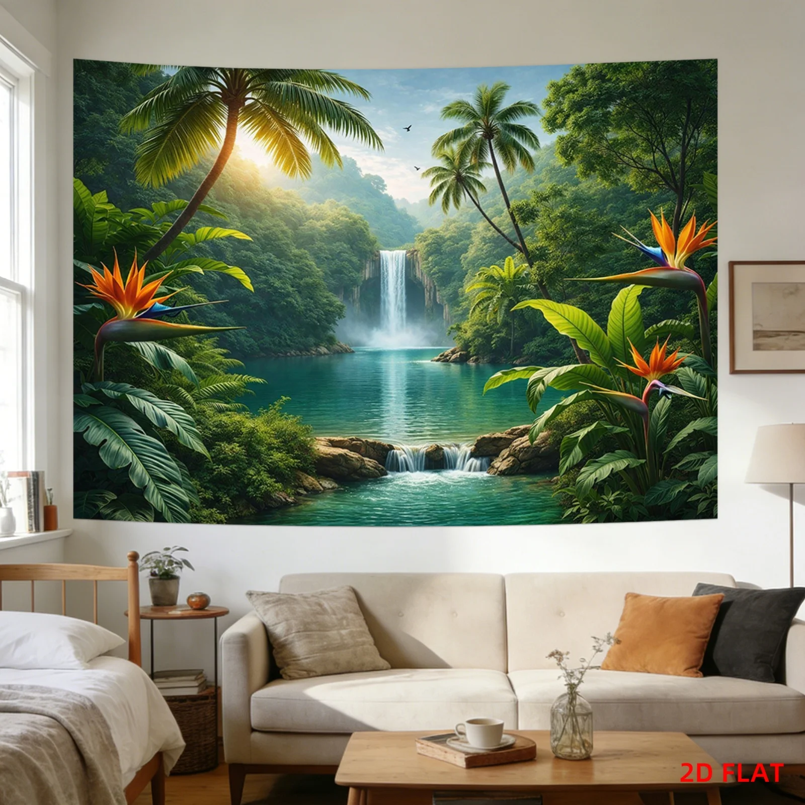 Tropical Jungle Tapestry with Waterfall Lake Palm Trees and Bird of Paradise 180x280cm Wall Decor aesthetic room decor