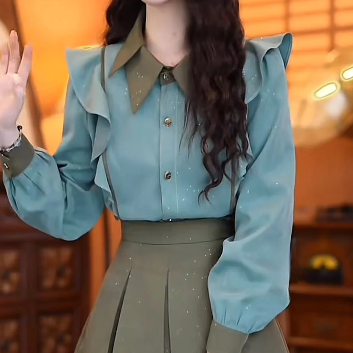 Damen Long Sve irt Thiened Patchwork Farbe Schlichtes Design Frühling Herbst Street Sle Loose Fit Bubble Sve Polyester