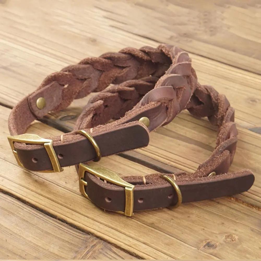 Reusable Vintage Braided Dog Collar Heavy Duty Soft Leather Dog Collar Genuine Leather Adjustable Puppy Neck Strap Outdoor