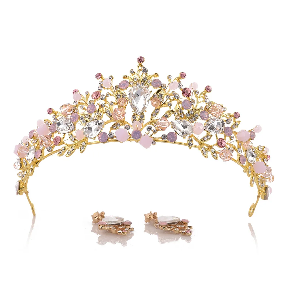 Pink Crystal Tiaras And Crowns For Women Bride Pink Rhinestone Prom Diadem Crown Tiara Bridal Wedding Hair Accessories Jewelry