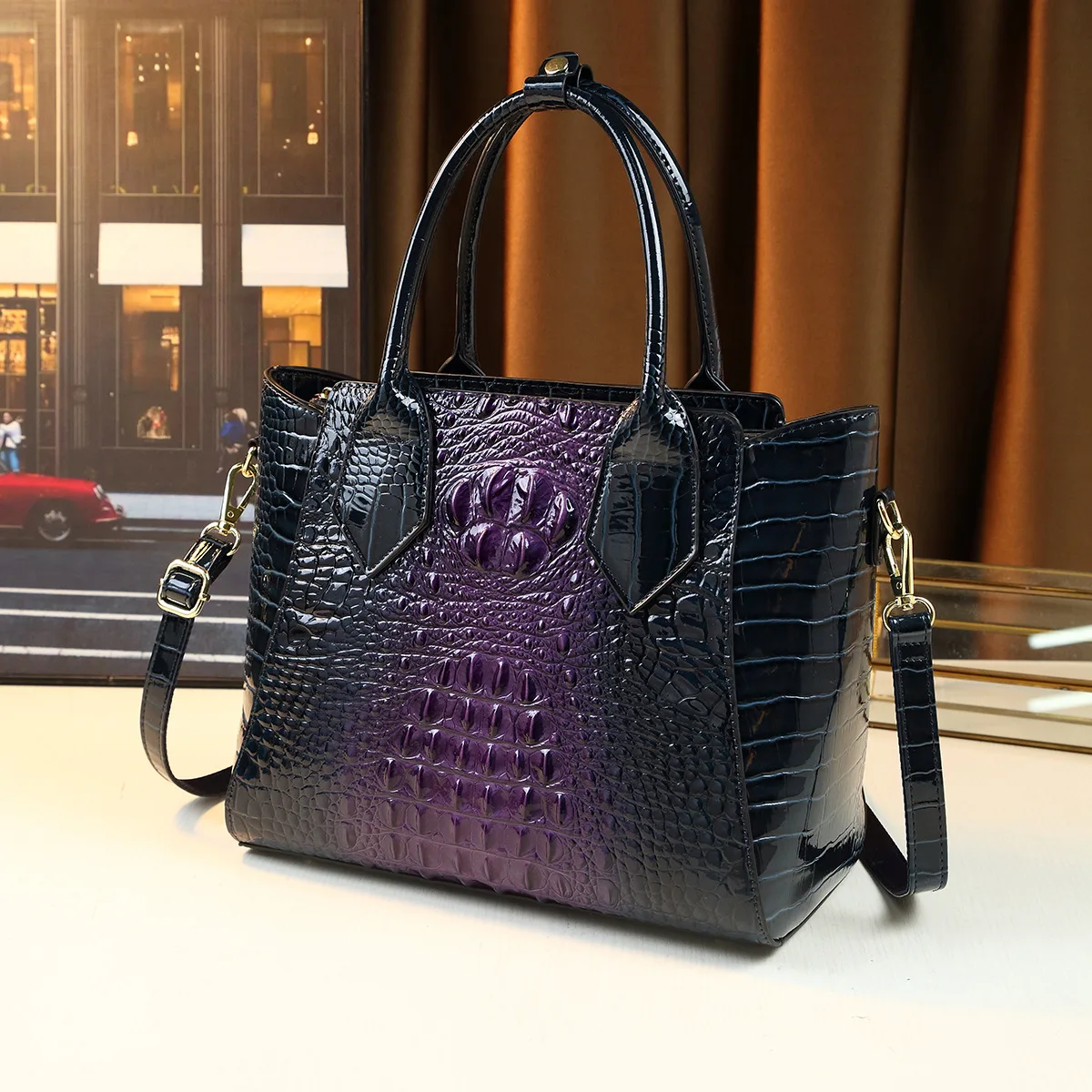 2024 New Vintage Leather Women\'s Handbags Large Capacity Crocodile Pattern Tote Business Commuter Crossbody Shoulder Bags