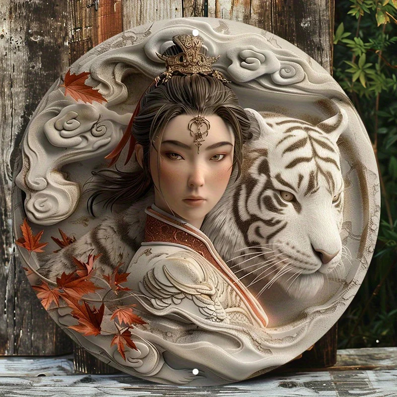 

Asian Warrior-White Tiger Round Aluminum Wall Sign, UV and Scratch Resistant, Easy-Hang Decor, Decorative Wall Poster