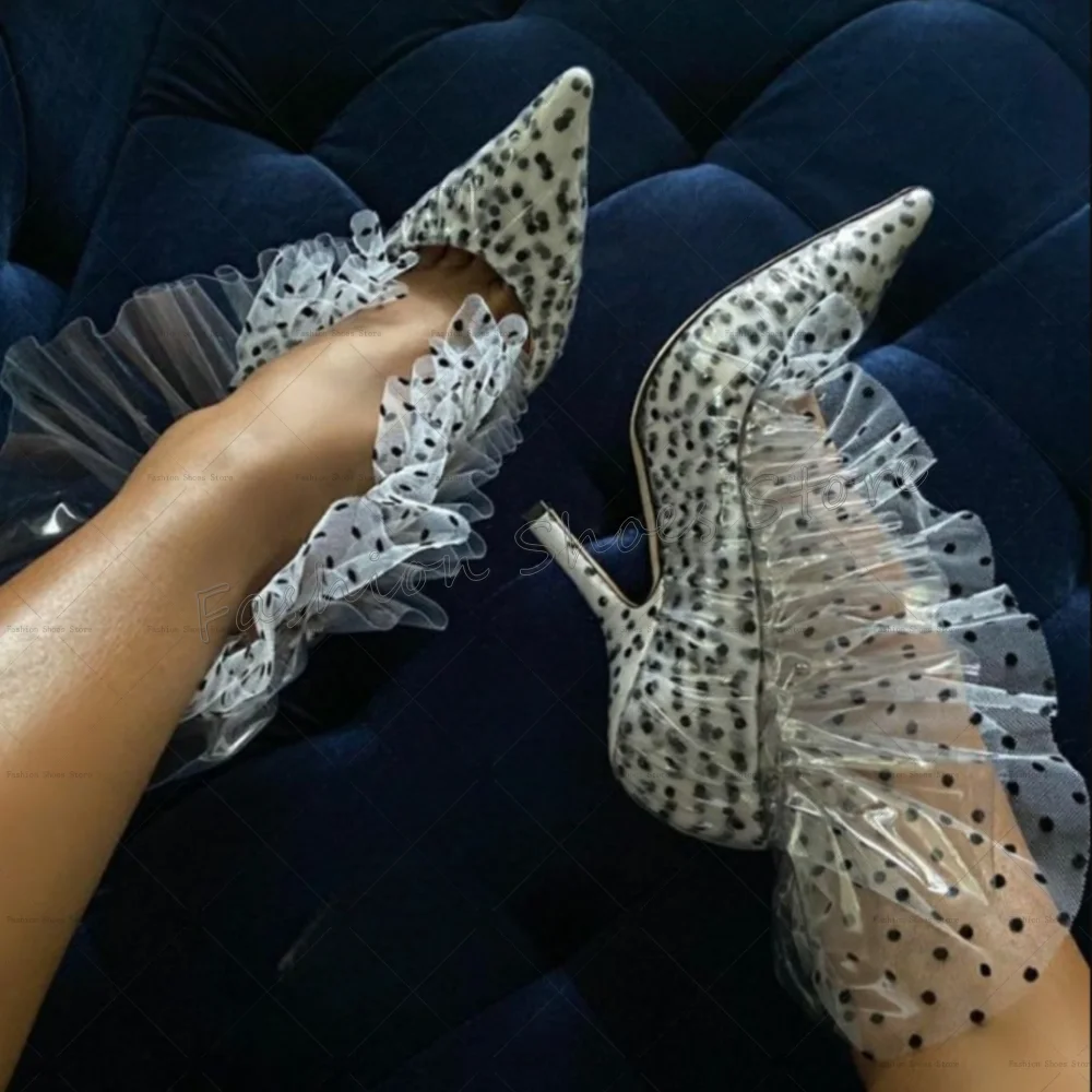 

Polka Dot Pattern Ruffles Pumps Pointed Toe Stilettos High Heels High Heel Shoes for Women Heels 2025 New Zapatos Para Mujere