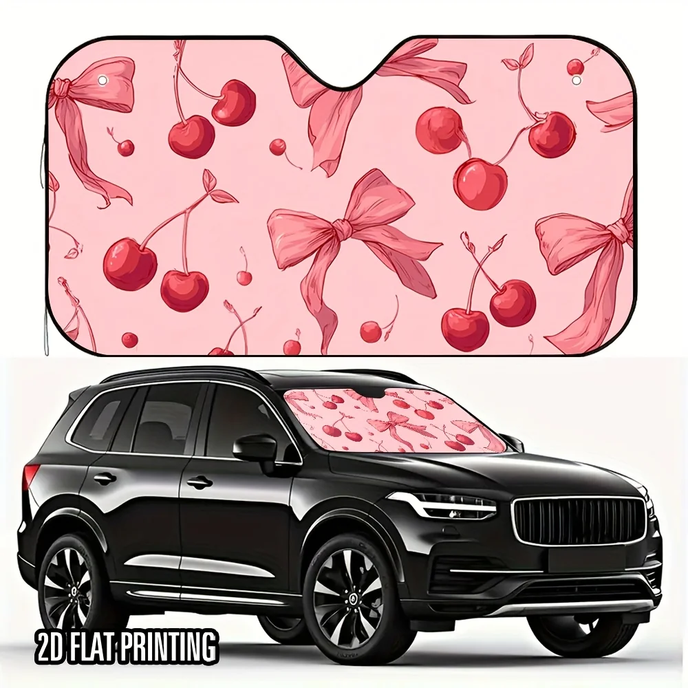 

1 шт. белая солнцезащитная козырек на лобовое стекло автомобиля с розовыми бантами и принтом вишни — подходит для козырька переднего окна, снижения тепла и бликов, включает 4