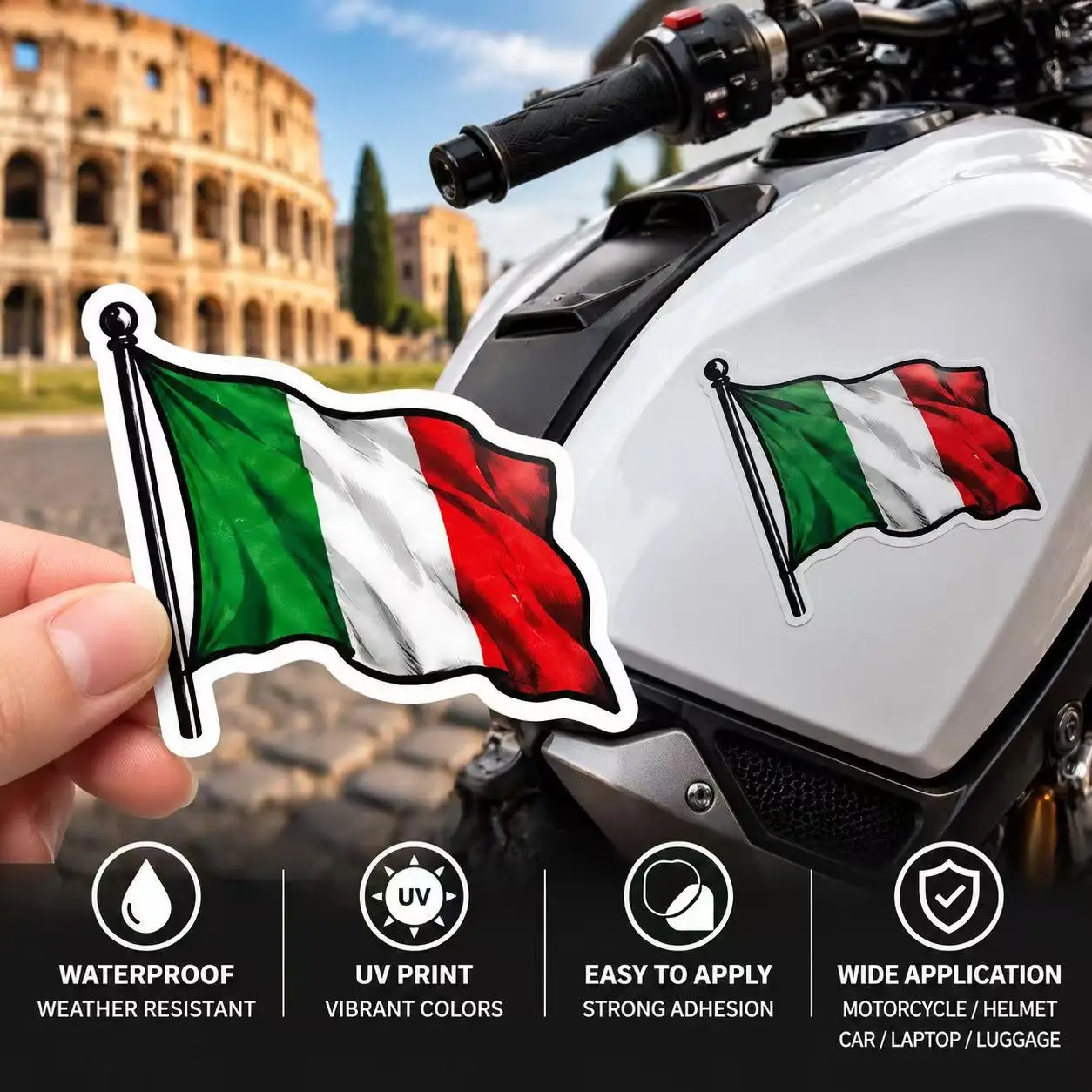 Italy Flag Sticker Motorcycle Decal Waterproof UV Print Italian Flag Vinyl Sticker for Helmet Car Laptop Luggage Decoration