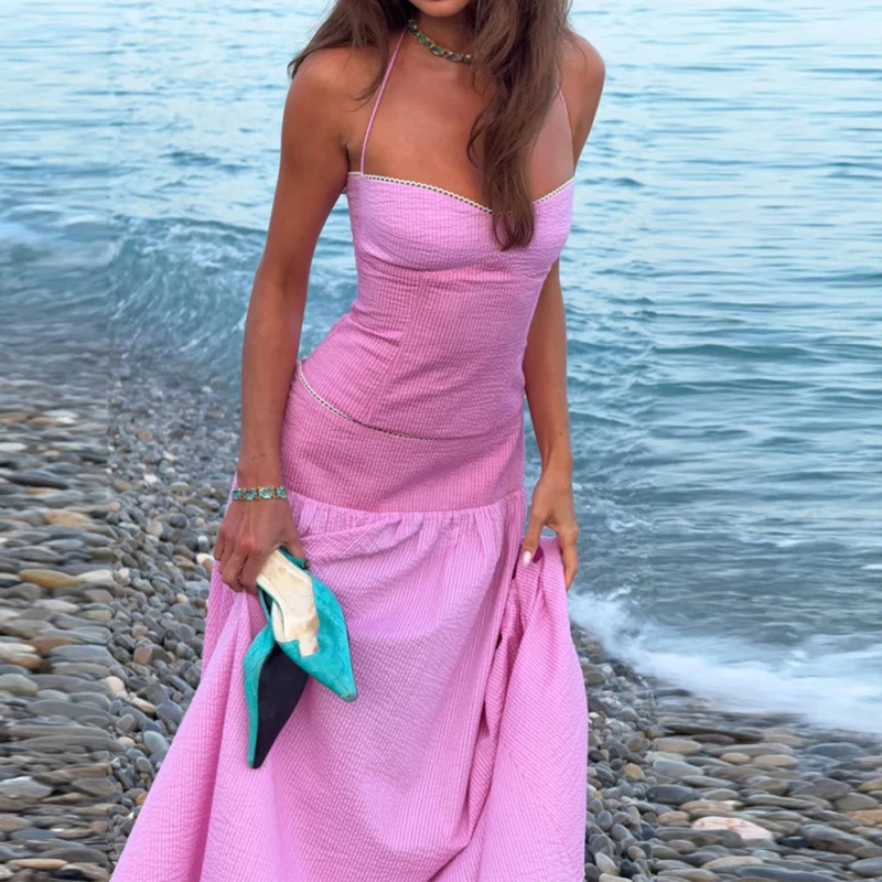 Off Shoulder Camisole Top with Long Skirt Beach Outfit New Summer Backless Hollow Out Women's Suit Fashion Patchwork Holiday Set