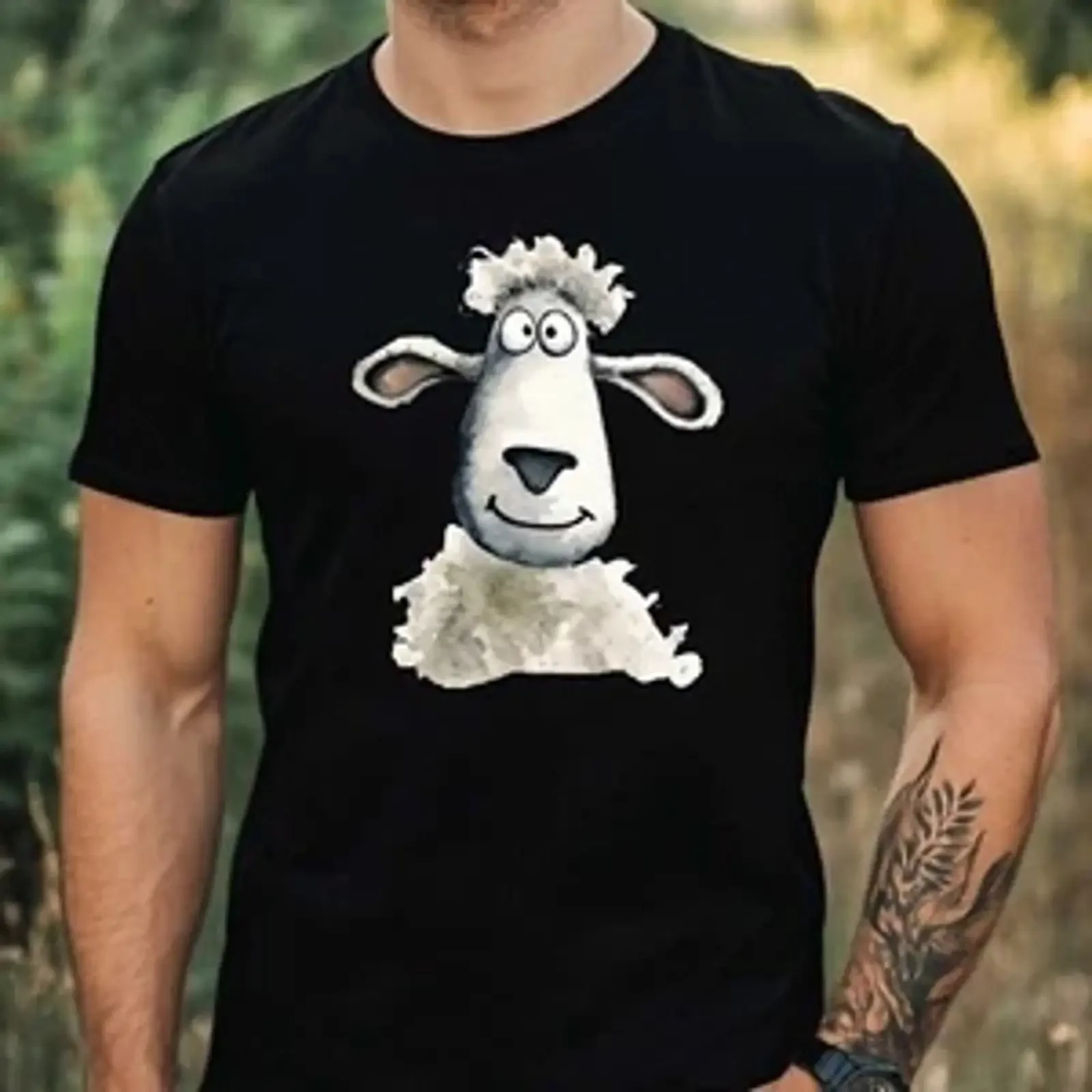 Men's T shirt with funny sheep face motif cotton sizes XS to 5XL vintage Washed homme Versatile Breathable Stylish streetwear