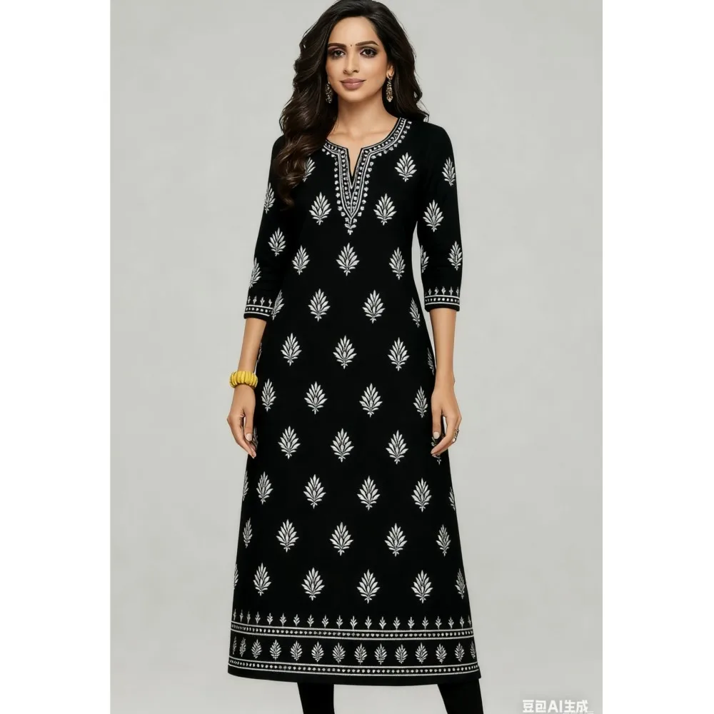 Muslim Black Dress Kurt Women's Fashionable Long Sleeved Straight Tube Casual Round Neck Elephant Pattern Islamic Women Clothing