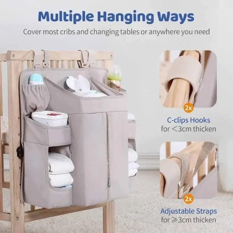 

Modern Simple Baby Bed Storage Bag Multiple Pocket Design Adjustable Straps Soft Fabric Organizers 15UB