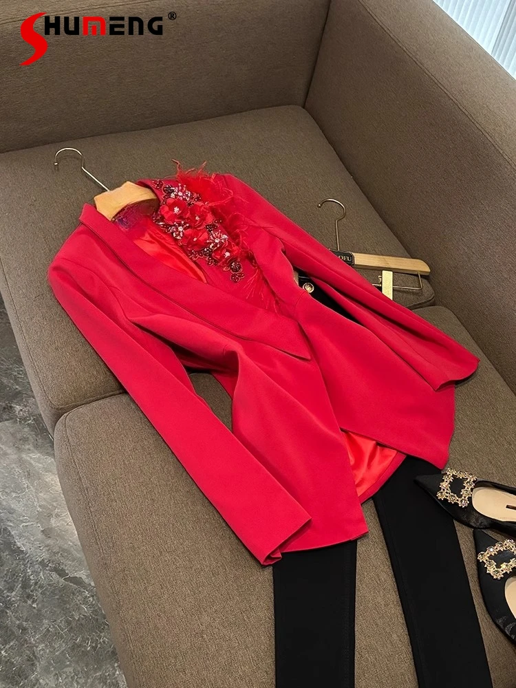 

Feminine Elegance Tops 2025 Spring New Fashion High-end Diamond-encrusted Feather Suit Jackets Trendy Ladies Long Sleeve Blazers