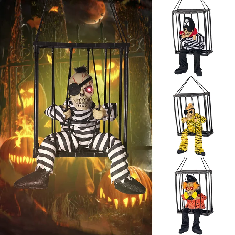 Halloween Prisoner Ghost In Cage Scary Skull Prop Skeleton Electric Toy Glowing Eye Sound Doll Hangable Talking Ghost Decoration