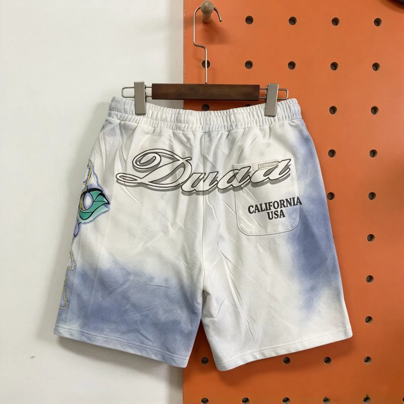 Retro Washed Tie Dye Rhinestone Letters DUAA Shorts Graffiti Shark Print Crack No. 28 Drawstring Pants Men Women Streetwear