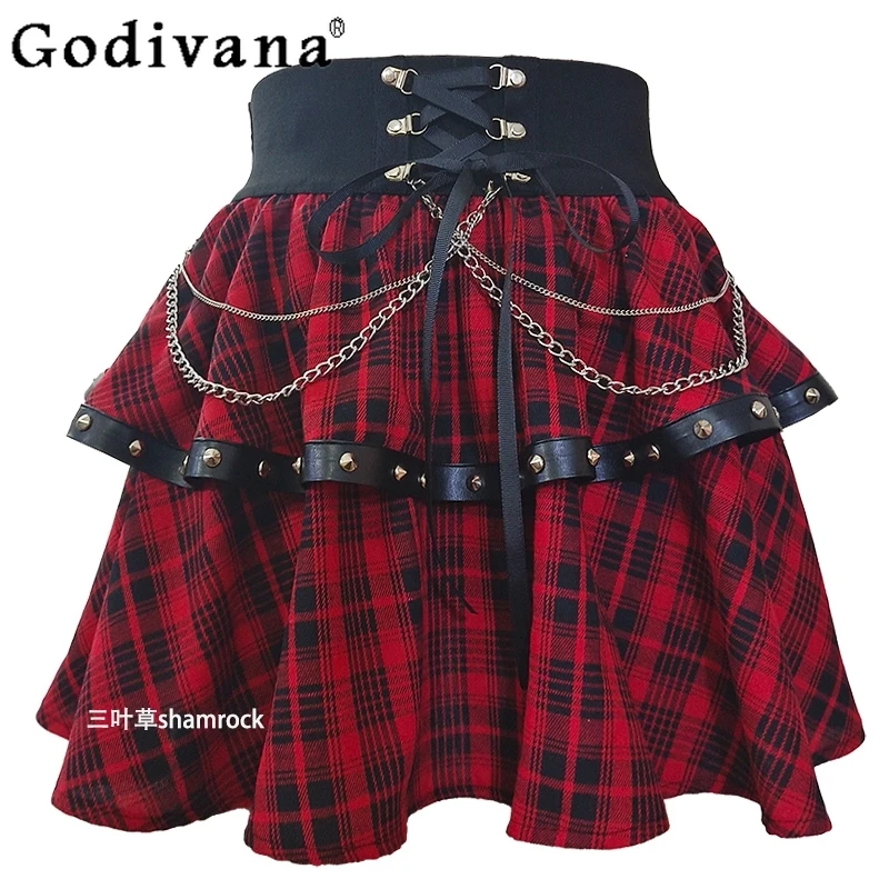 

Large Size Subculture Punk Y2k Millennial Dark Rivet Plaid Skirt Women's Summer High Waist A-line Personalized Short Cake Skirts