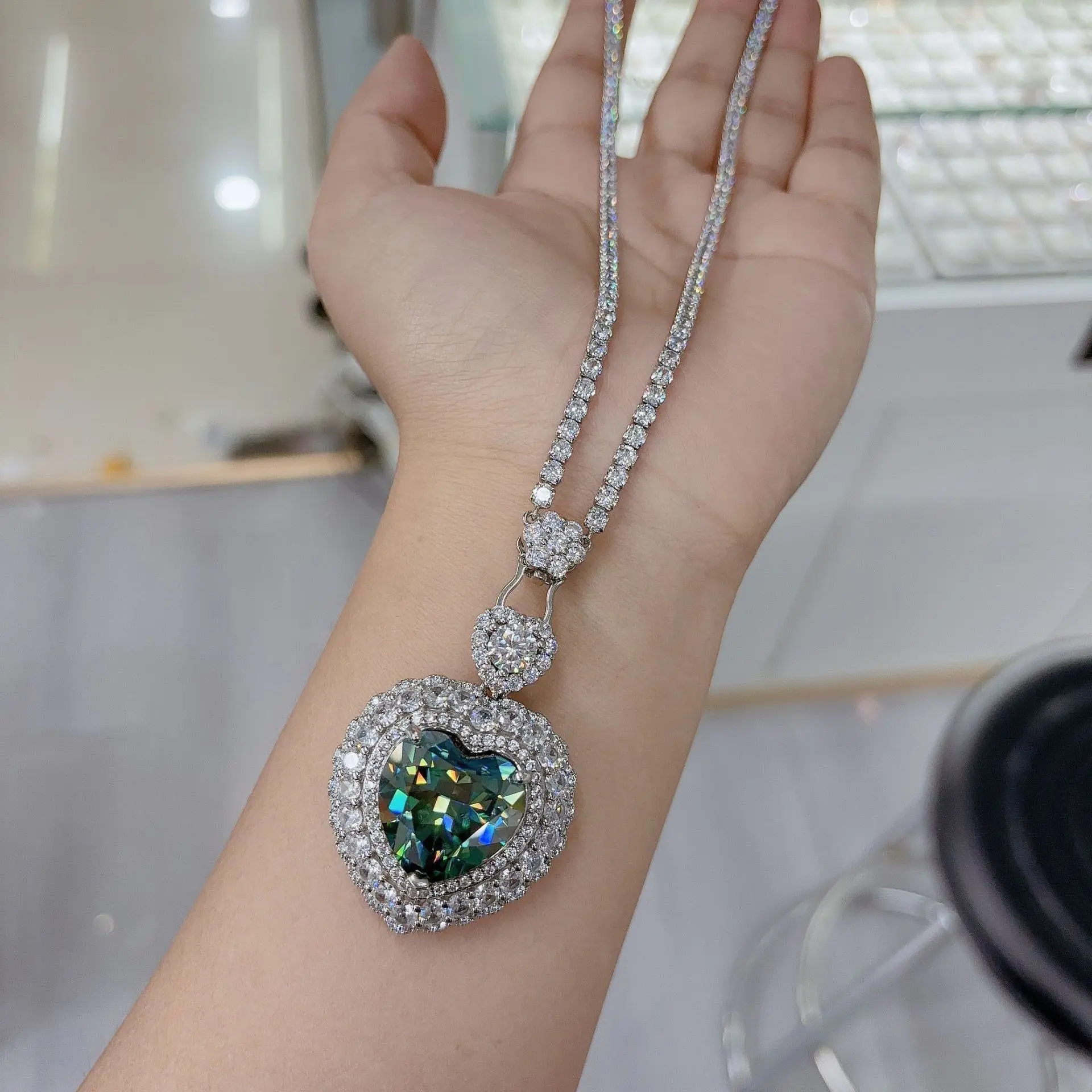 30CT Full Diamond Moissanite Necklace Evening Gown, 925 Sterling Silver Luxury Pendant Gift