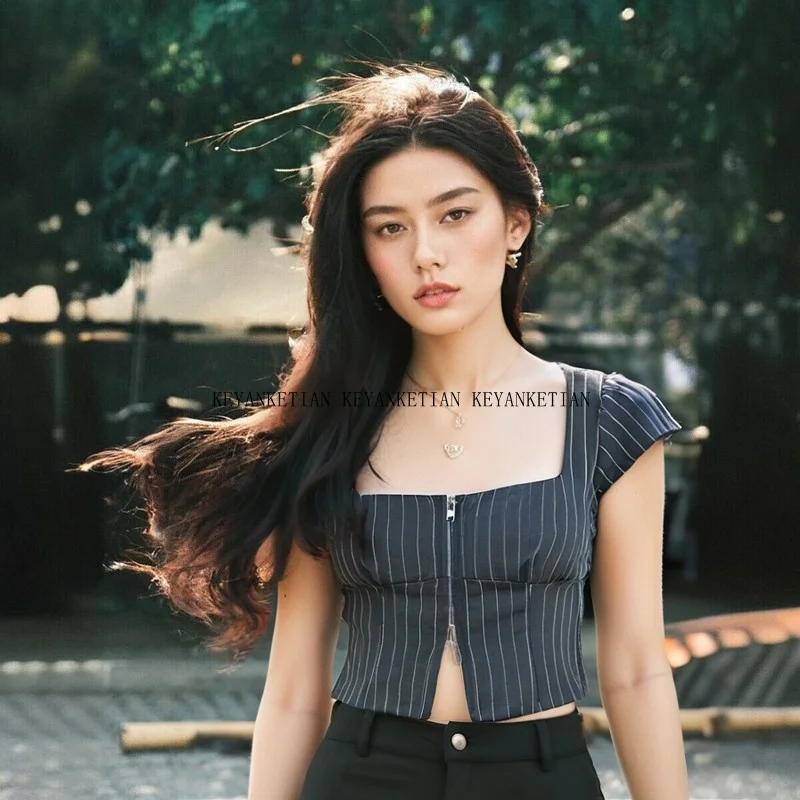 

KEYANKETIAN Summer New Women's Low cut Square Collar Striped Crop Top Street style Zipper Slim Short Sleeve Shirt Sheath Blouses