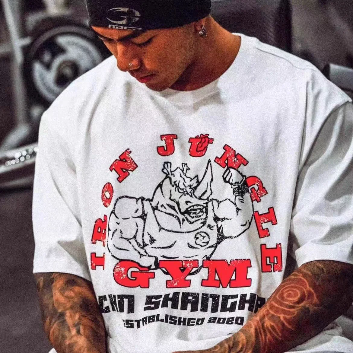 Men's Women's Oversized Crew Neck T-Shirt Iron Jungle Gym Muscle Rhino Fitness Short Sleeve Vintage Workout Streetwear Tee