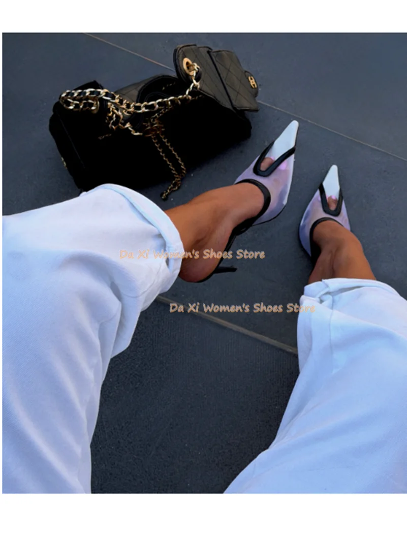 Mesh Breathable Pointed Sandals Black And White Color Blocking Edge Binding Stilettos Women's Shoes Fashion Slippers  Party