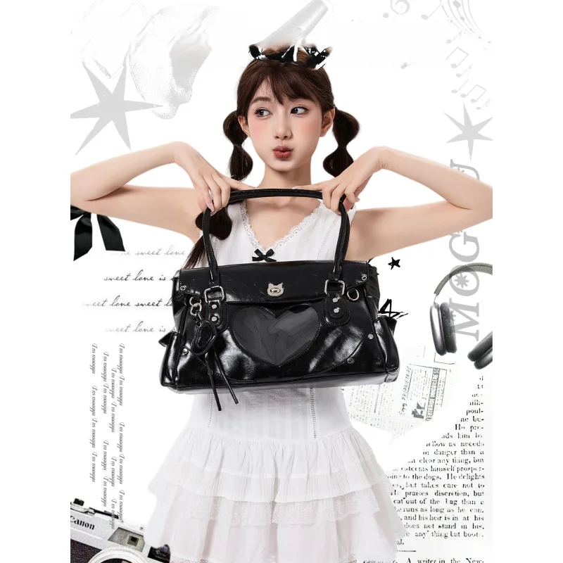 

Black PU Leather Heart Window Ita Bag, Cat Lock Design Handheld & Crossbody Tote, Y2K Gothic Shoulder Bag for Pin Display