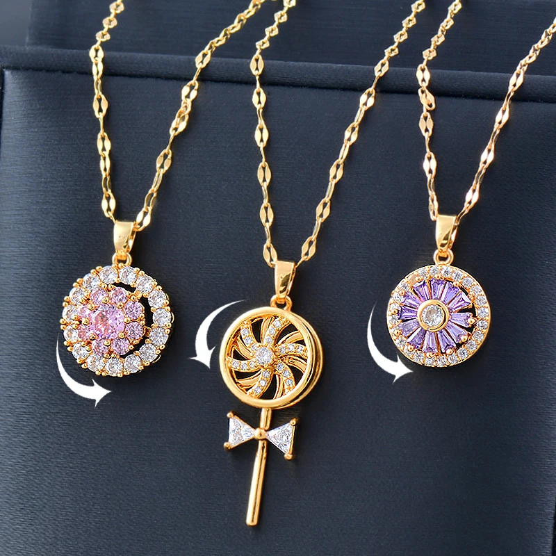 KIOOZOL stainless steel spinner flower pendant necklaces with pink purple cubic zircon stones chain on fashion jewelry 318 KO1