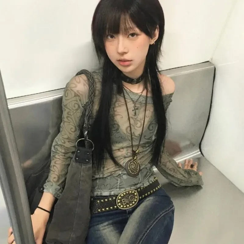 

Sexy Grunge Aesthetics Mesh Tops Japanese Y2k Sheer Tops Vintage Harajuku See Through Crop Top Korean Fashion Tie Dye T-shirt