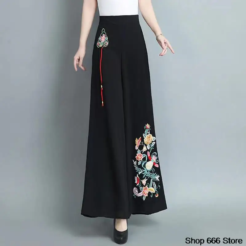 New Spring High-waisted Chiffon Wide-leg Trousers Heavy Embroidery Fashion Pendant Trousers Retro Traditional Chinese Clothes