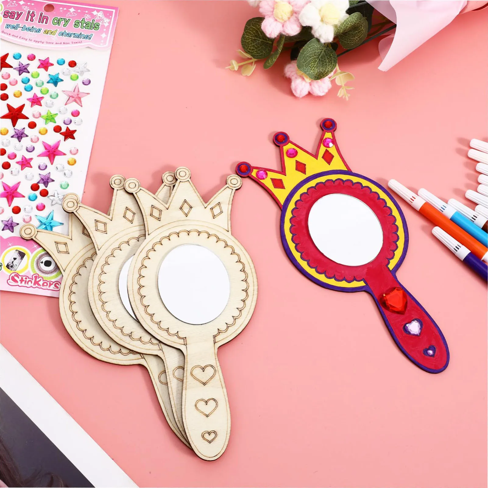 8 قطع من مرآة خشبية للأطفال لتزيين المرايا المصنوعة من الخشب غير المكتمل مع فرش الرسم هدية لحفلات أعياد الميلاد #6