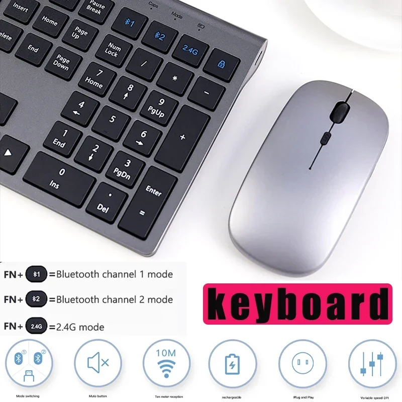 Wireless Keyboard Protable Key Board Mouse Set 2.4G 3mode Type-C for Notebook Laptop Mac Desktop PC Computer Smart TV PS4 Keyset