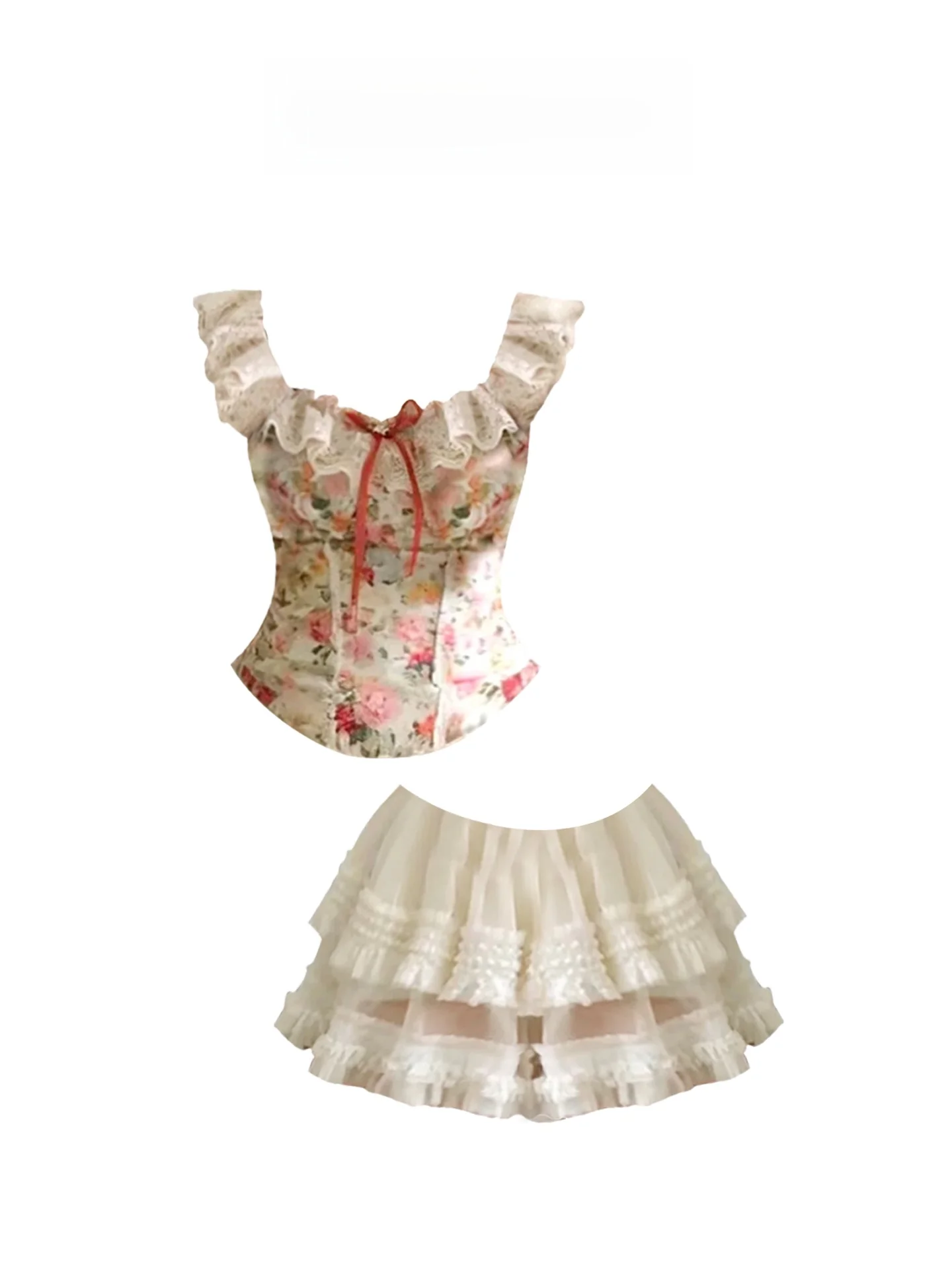 

HEZA plus Size Retro Pure Desire Lace Flounce Sve Floral Top Women's Spring Summer High Waist Me f Skirt Set