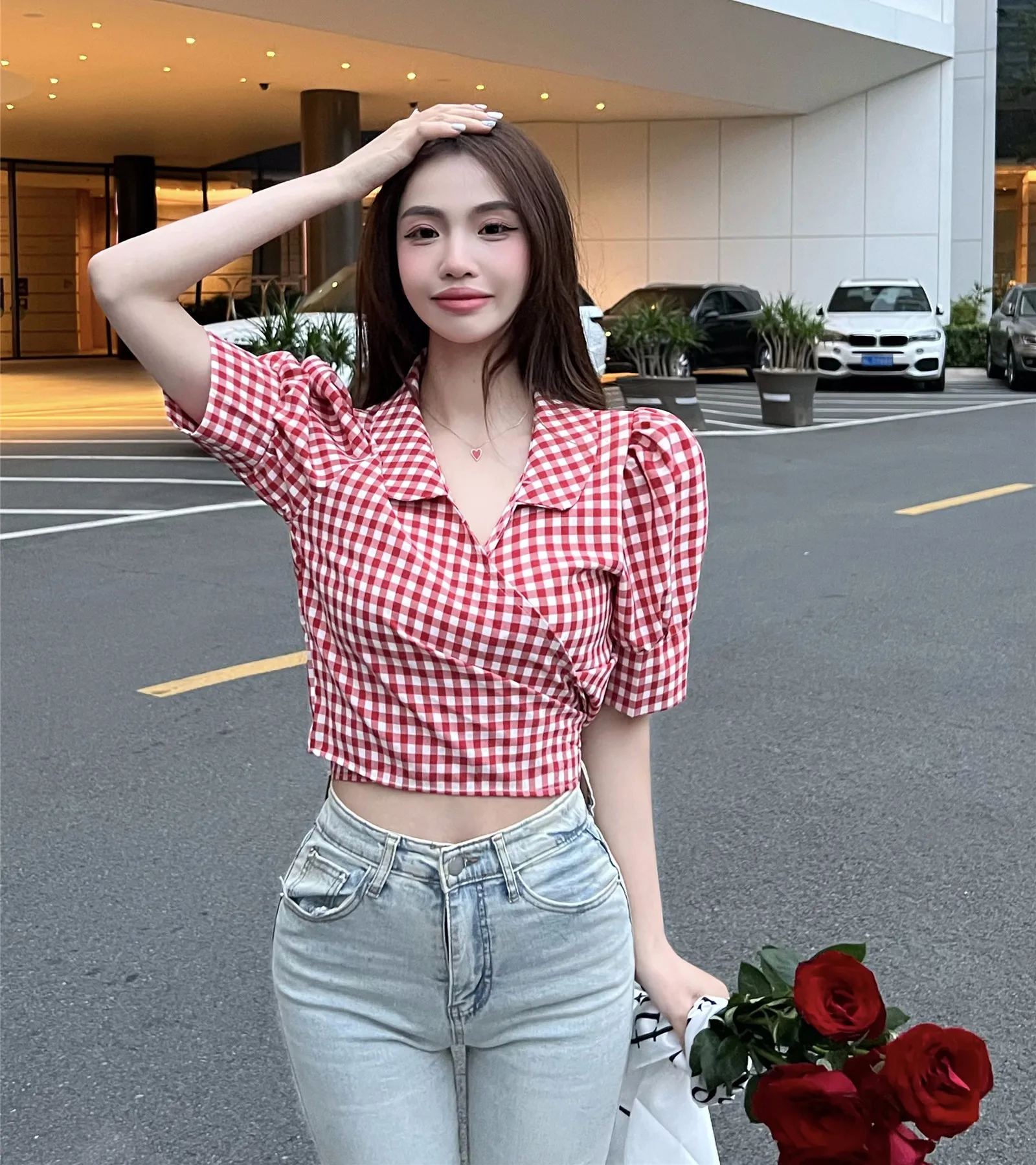 Summer 2024 Women\'S Clothing Fashion Plaid Short Sleeve Shirt French Waist Puff Sleeve Short Top Hot Girl Pink Shirt