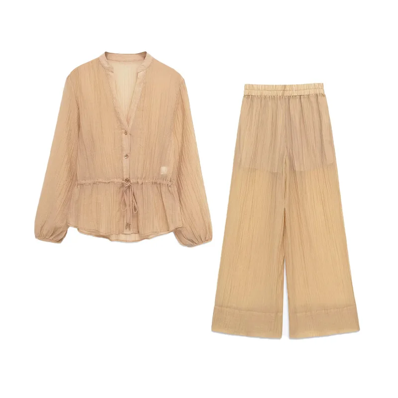 Translúcido moda feminina 2 peças define plissado sheer camisa casual e cintura elástica perna larga calças retas chiques ternos