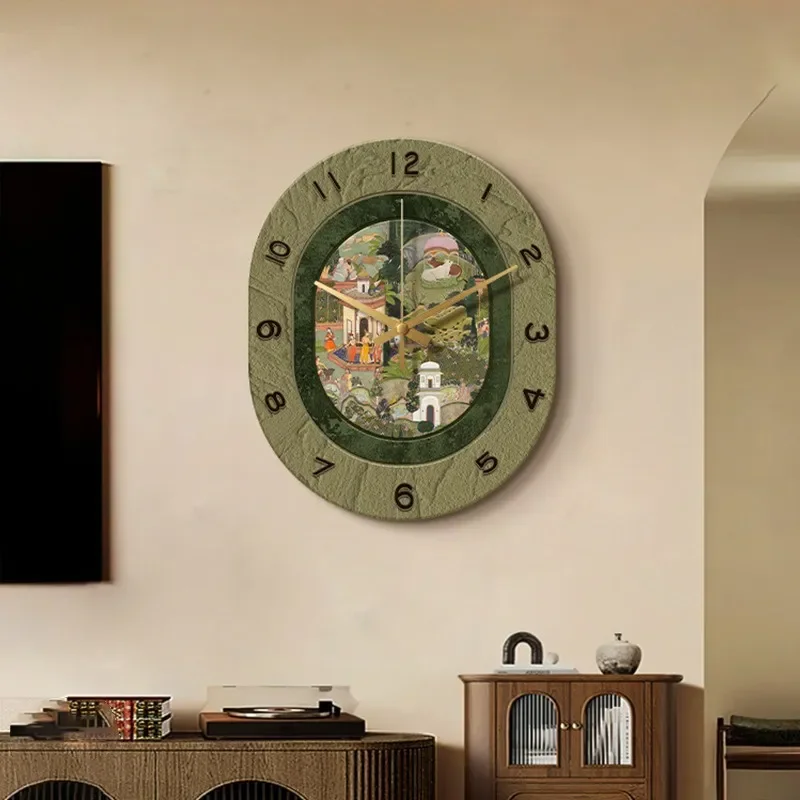 for French Retro Wall Clock Chinese Antique Style Green Clock for Living Room Dining Room Decoration Painting Wall Clock