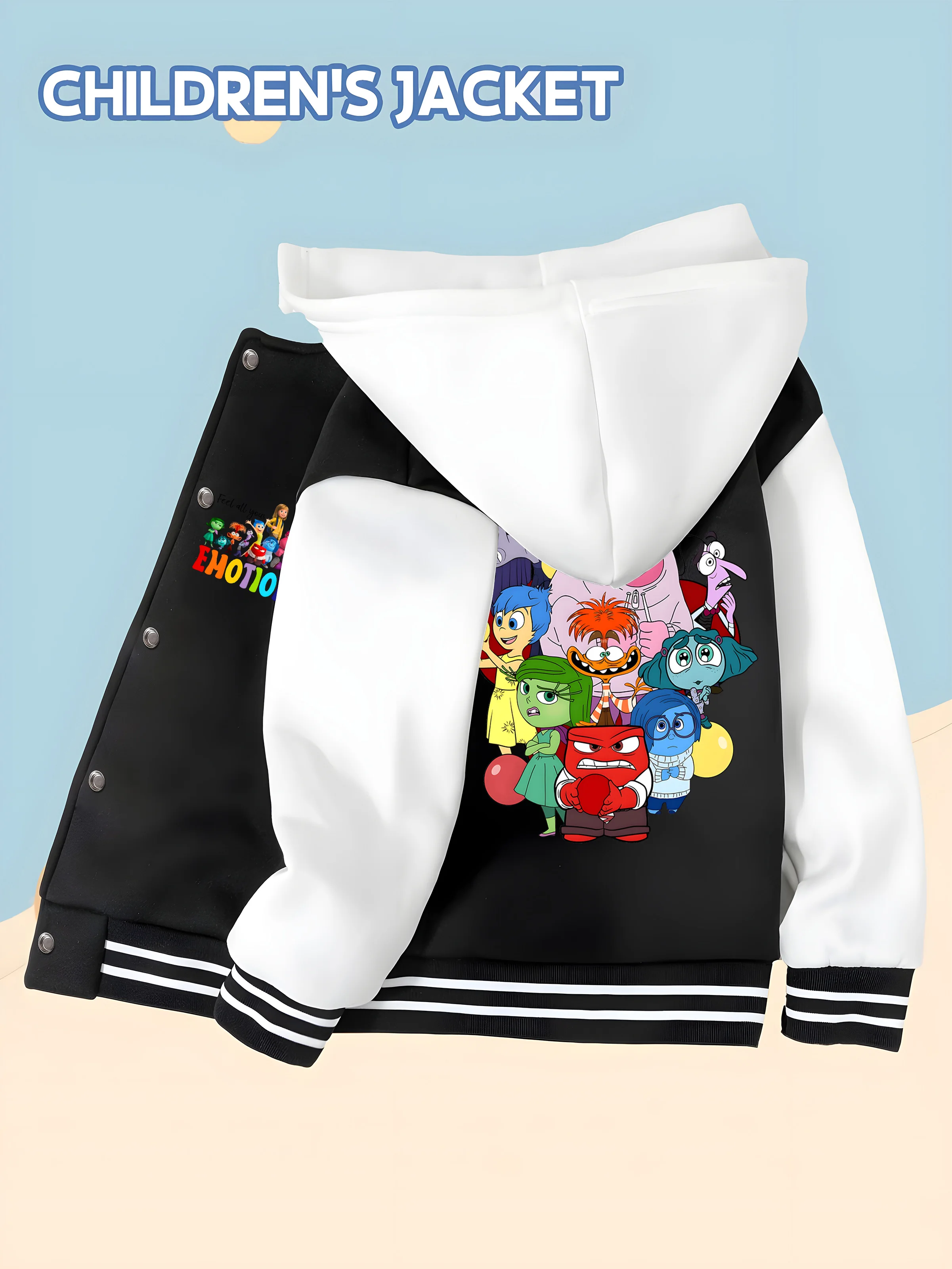 

MINISO Disney Boys' Baseball Jacket - Inside Out Photo Print, Character Collection on Back, Everyday Trendy Outerwear