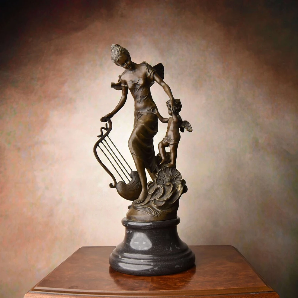 Bronze Flower Fairy Cherub with Harp Statue Vintage Sculpture Handcrafts Marble Base High-end Home Hotel Decoration 46CM