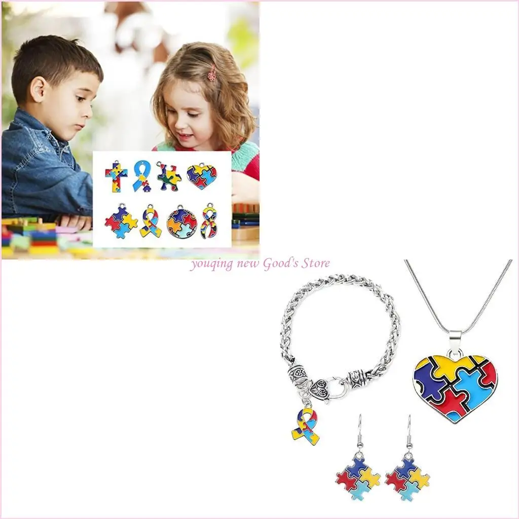 57QA 8Pcs Square Heart Autism Awareness Ribbon Pendant with Puzzle Charms Diy Bracelet Keychain Crafts Making Supplies