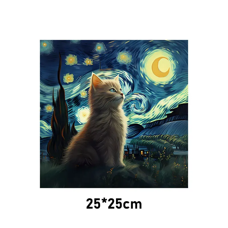 The Cat Under the Starry Sky Heat Transfer Fashion Iron Patch Clothing T-shirt DIY Hoodie Jacket Sticker DTF Patch Is Waterproof