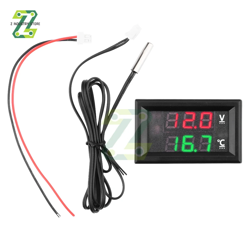 DC 4-28V Digital Voltmeter Thermometer 0.56 Inch Temperature Sensor Meter Voltage Temperature Tester With NTC Probe Cable