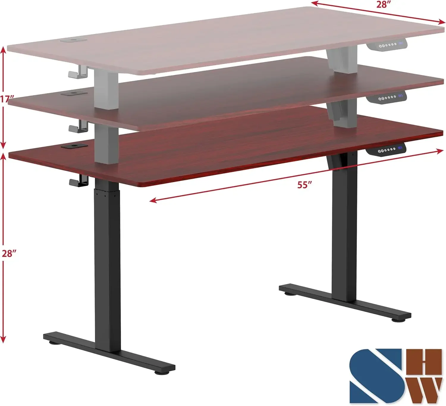 SHW 55-calowe duże, elektryczne biurko stojące z regulacją wysokości, 55 x 28 cali, Cherry