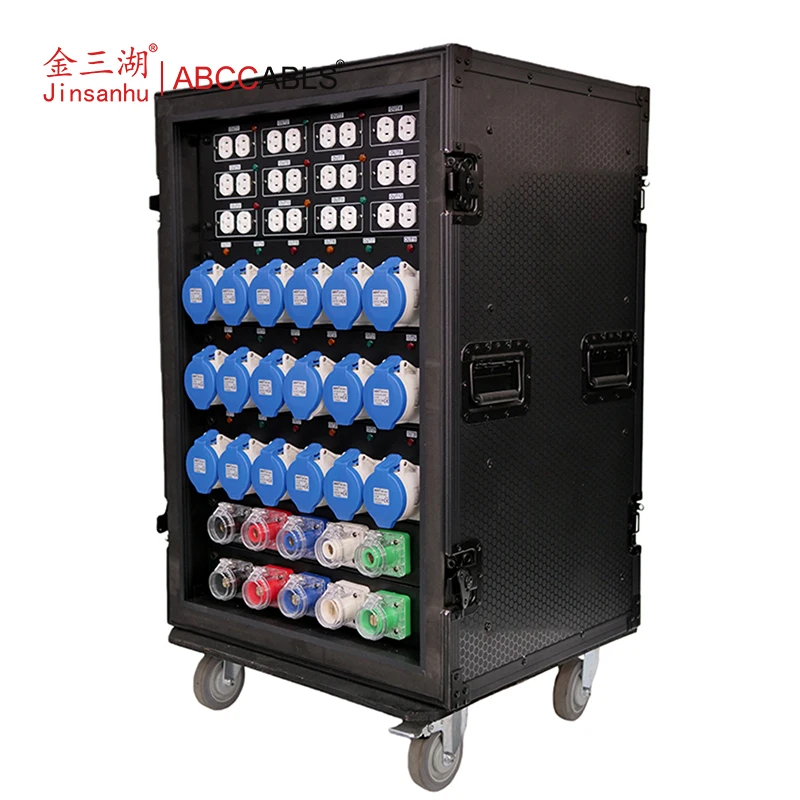 3-Phase Power Distribution Box, 5x Camlock In/Out, 18x 32A CEE + 12x Edison Outlets, Stage Power Distro System for Live Events
