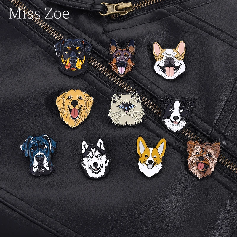 Corgi Dog Border Collie French Bulldog Husky German Shepherd Dog Head Enamel Pin Cartoon Pet Dog Brooch Lapel Badge Jewelry Gift