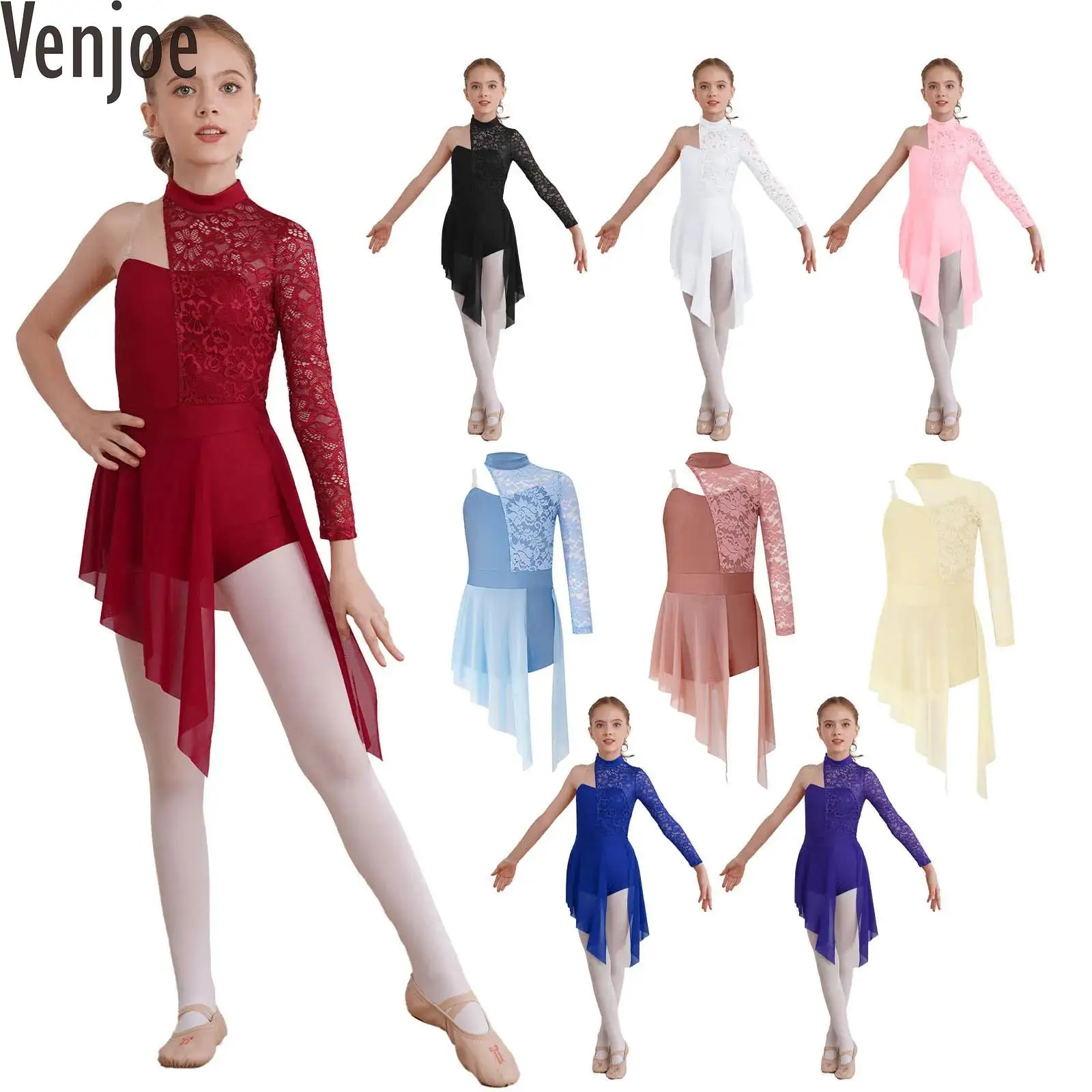 Kids Girls Modern Lyrical Dance Leotard Dress Figure Skating Gymnastics Ballet Dance Floral Lace Bodice Jazz Cha-cha Dancewear