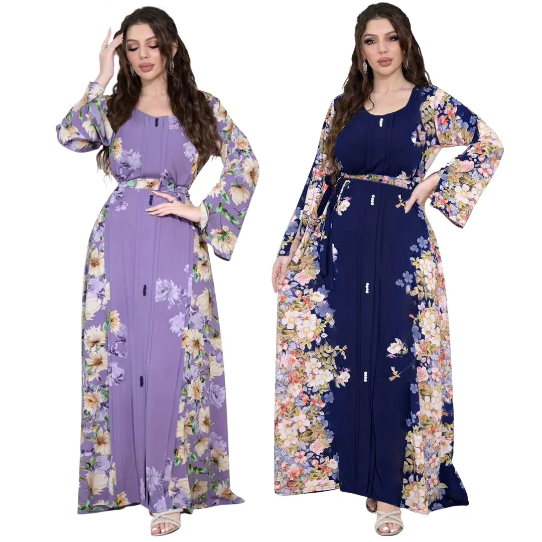 

Moroccan Jalabiya 2024 Women Abaya Muslim Hijab Dress Vintage Floral Print Kaftan Ramadan Dubai Modest Dresses Party Arabic Gown