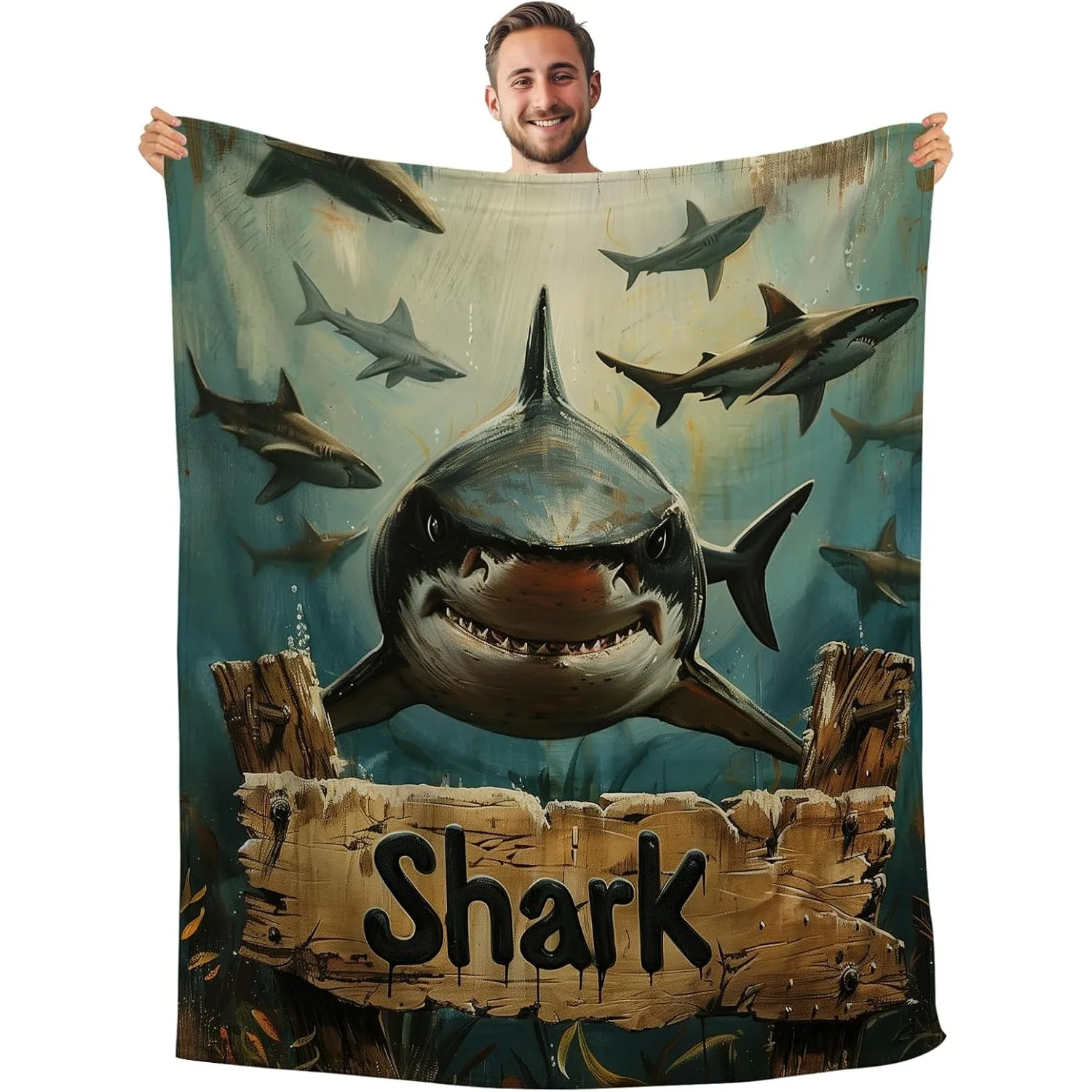 Shark Blanket Funny Vintage Sharks Fish Throw Blanket for Sharks Lovers Ocean Animal Plush Cozy Soft Fleece Flannel Blanket