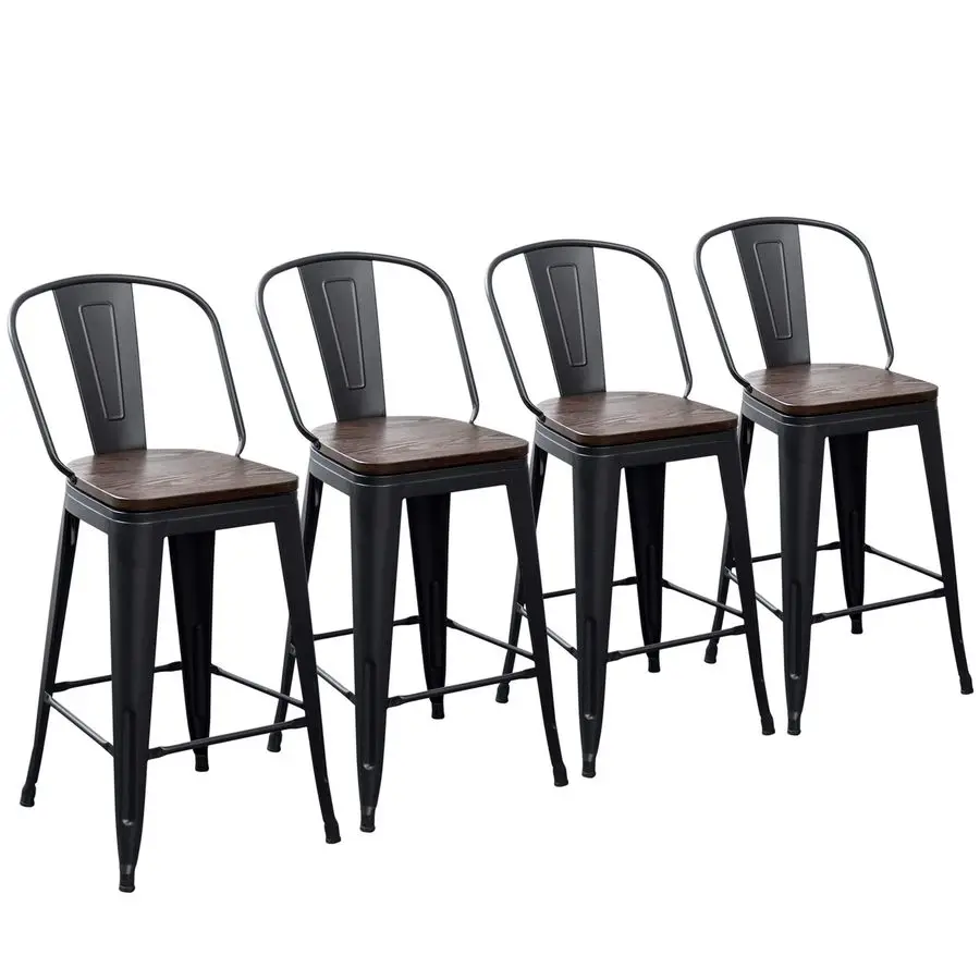 

Набор из 4 металлических барных стульев высотой 26 дюймов с высокой спинкой, для кухни, столовой или бара, в индустриальном стиле, с деревянной сидушкой, черные