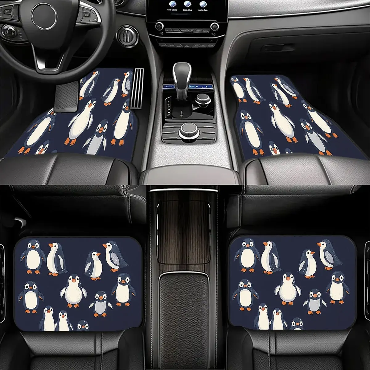 4pcs Set Of Crystal Velvet Cartoon Penguin Pattern Car Floor Mats, Durable And Easy To Clean, Machine Washable And Hand Washable