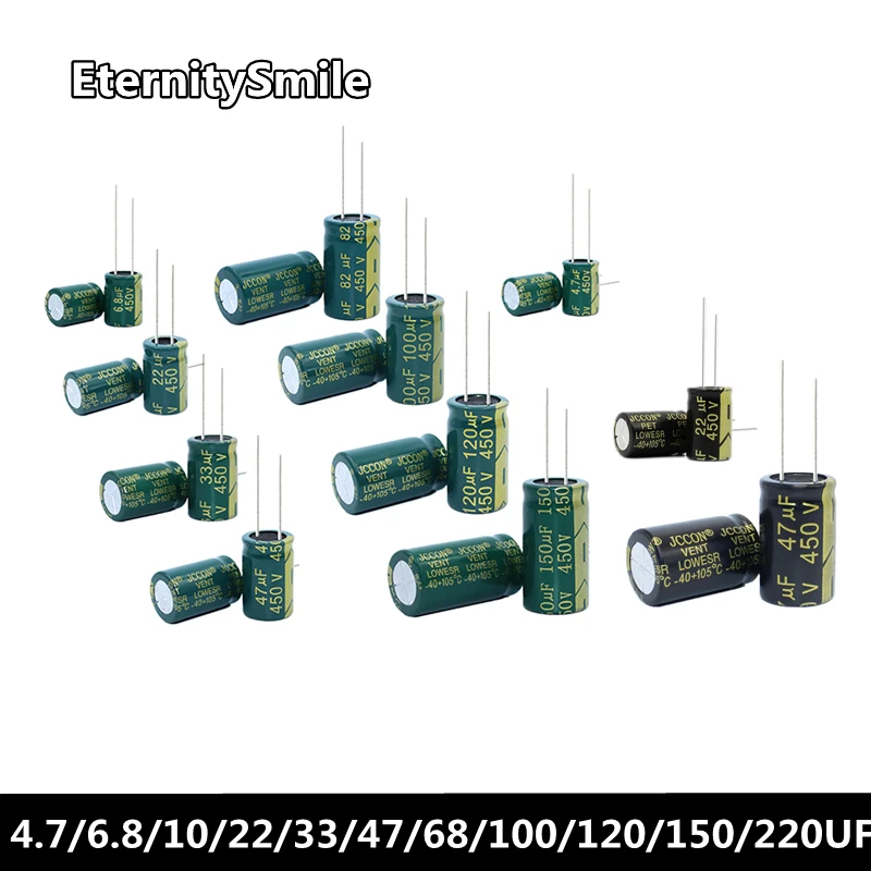 

10pcs 450V4.7/6.8/10/15/22/33/47/68/100/120/150/220UF Low Impedance High Frequency Resistancne Aluminum Electrolytic Capacitor