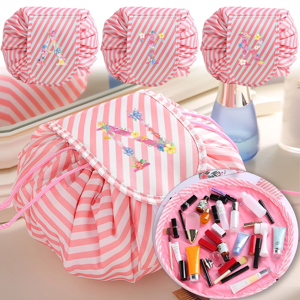 

Women Cosmetic Bag Red Stripe Make Up Pouch Women Outdoor Portable Storage Bag Toiletries Organize Printing Pink Letter Series