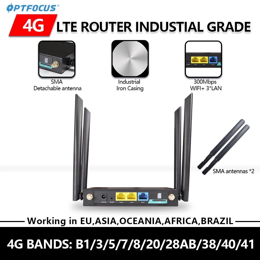 OPTFOCUS 4G LTE Modem 3LAN 300Mbps Long Range WIFI With Sim Card Slot For 4G SIM Router Wireless Routeur With Band 28 AB