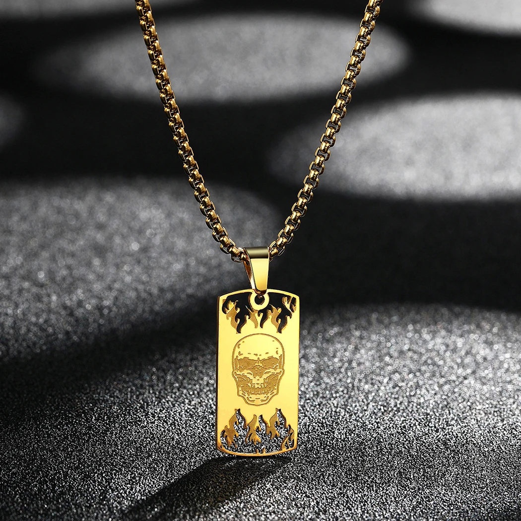 Kinitial Vintage Skull Flame Stainless Steel Pendant Necklace For Men Women Punk Aesthetic Jewelry Charm Goth Party Accessories