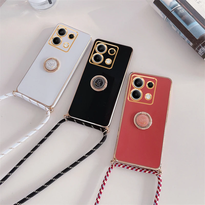 For Xiaomi Redmi Note 13 12 Pro 4G Plus 5G Luxury Plating Ring Holder Crossbody Lanyard Case On Mi Poco X6 M6 Note13 13pro Cover